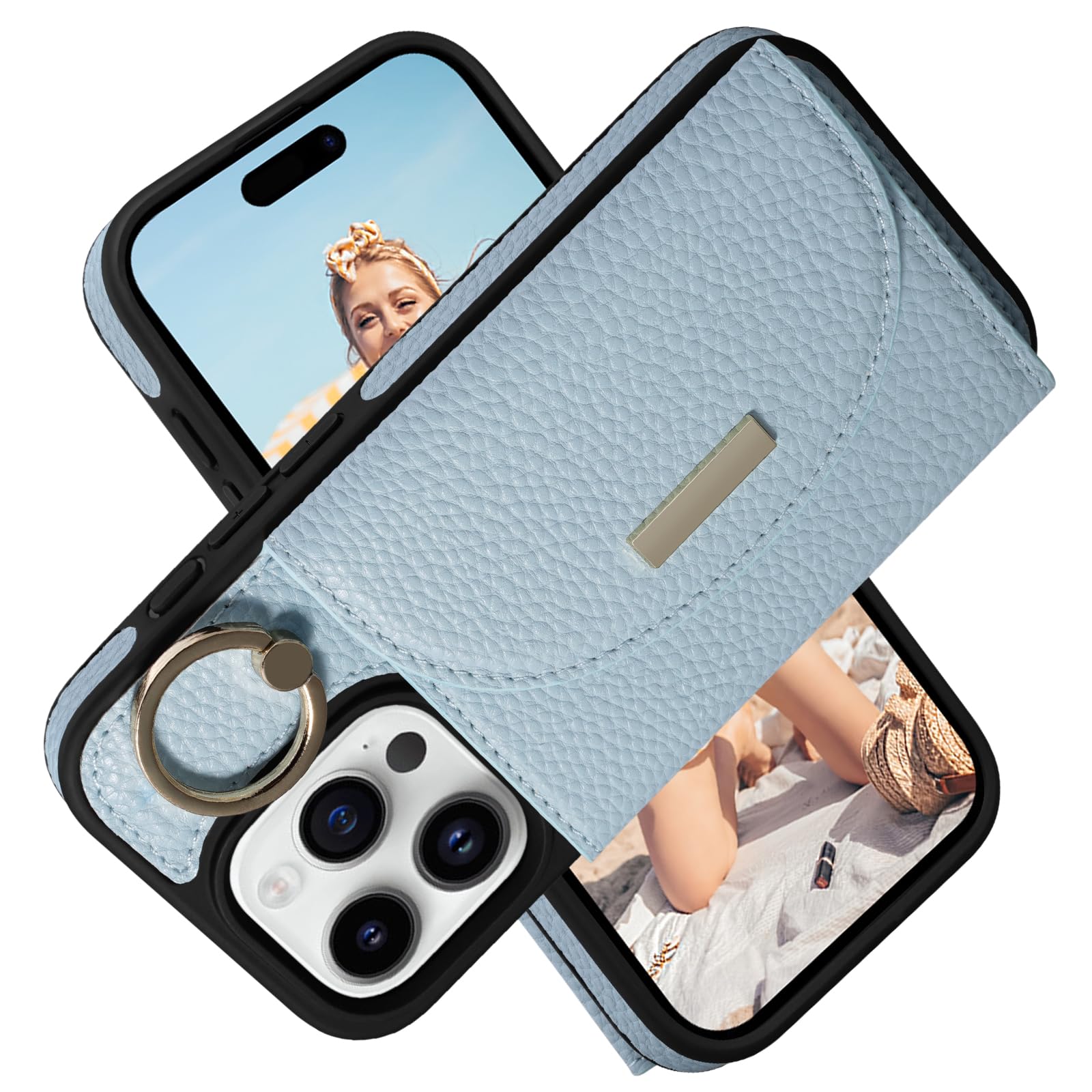 Photo 1 of Keallce Wallet Case for iPhone 15 Pro 6.1'', Flip Case with Card Slots, Ring Holder Kickstand, PU Leather Protective Folio Cover for Women, Blue