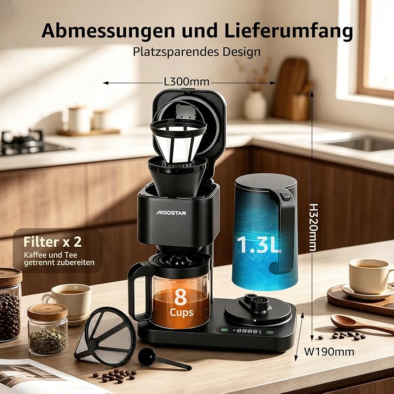 Filterkaffeemaschine 3‑in‑1 für 1,3L/8 Tassen,1600W LED‑Touchpanel