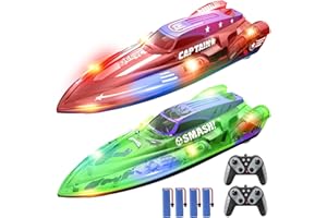 DEERC 2 Pack 13 inch Remote Control Boat for Kids, 4 Batteries, 2.4Ghz RC Racing Boat with LED Lights for Pools and Lakes, Summer Water Toy Gift for Boys 8-12
