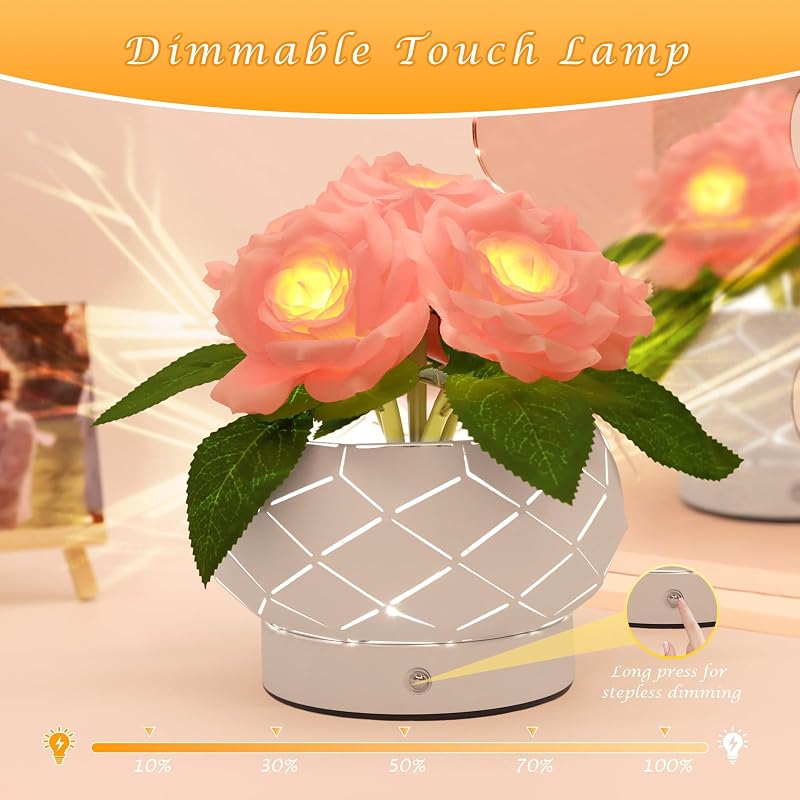 Lampada touch a forma di fiore di girasole, lampada da tavolo senza fili ricaricabile, 3 colori, dimmerabile,regalo per la mamma per San Valentino, festa della mamma (Rose-6)