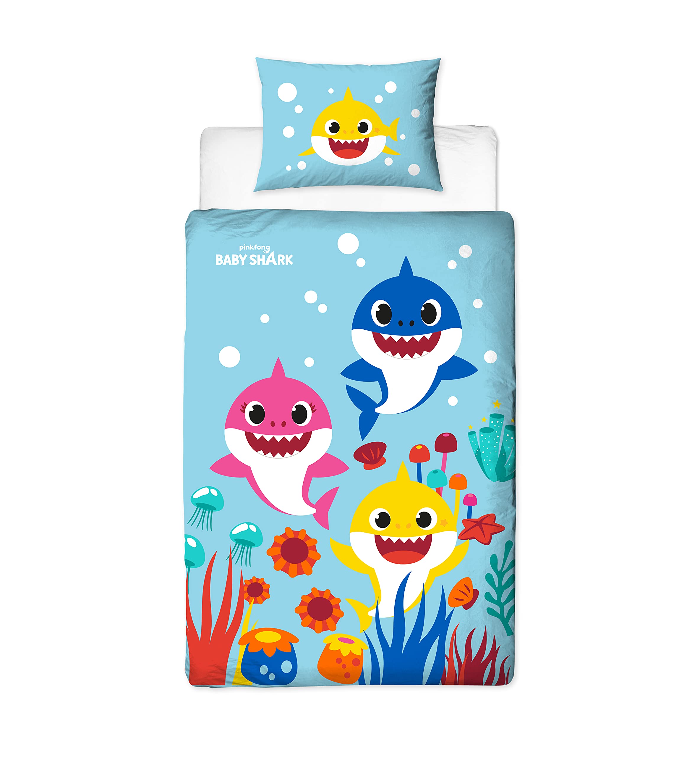Character World Baby Shark Single Duvet Cover Officially Licensed | Reversible 2 Sided Rainbow Design with Matching Pillowcase, Polycotton Multicolor BSHRAIDS002UK1