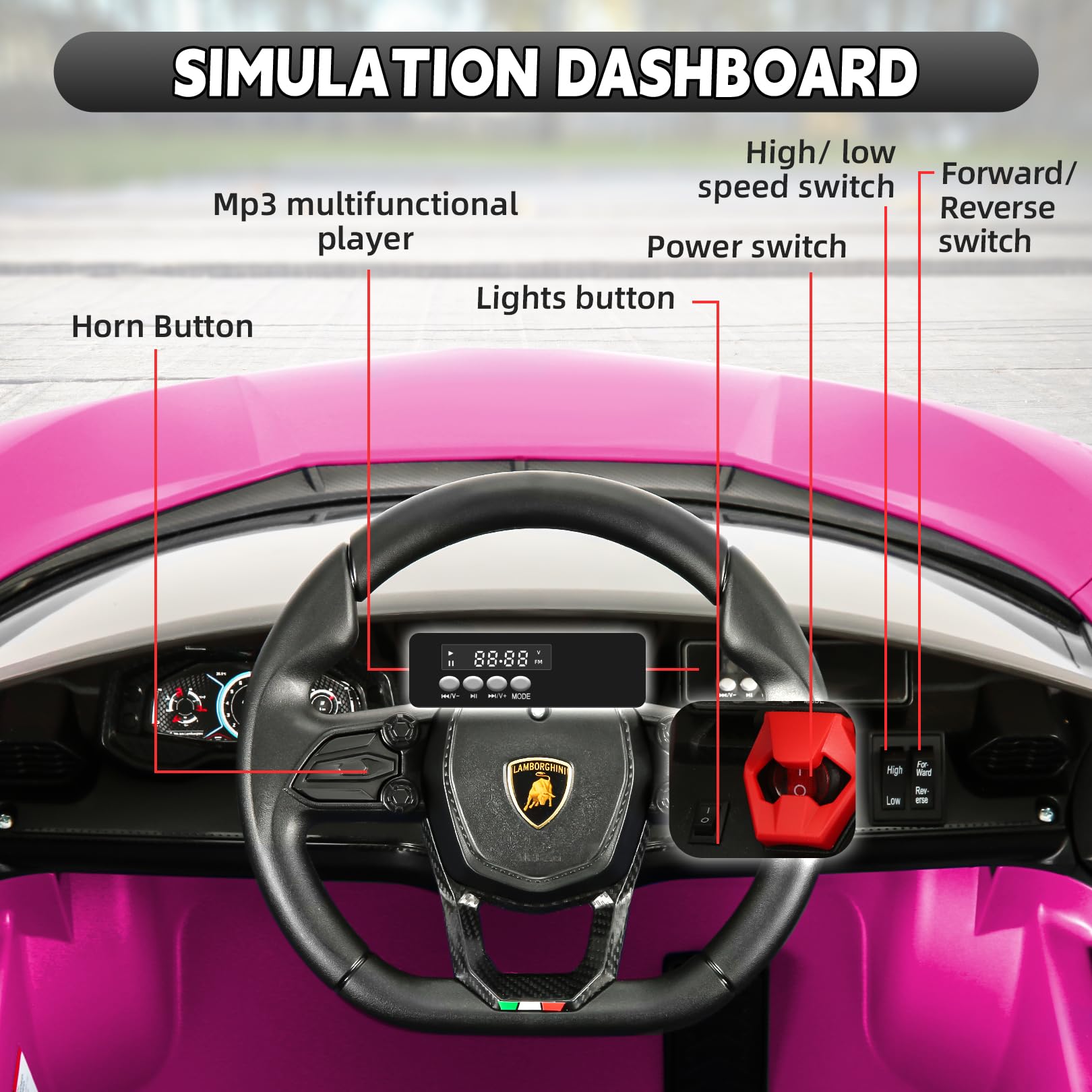 Hikole Lamborghini Toy Car, 12V Electric Sport car, with Remote Control, Motorized Cars for Toddlers, Hydraulic Doors, Brake Caliper, 3 Speeds, Safety Belt, Music/USB/Bluetooth, Hot Pink