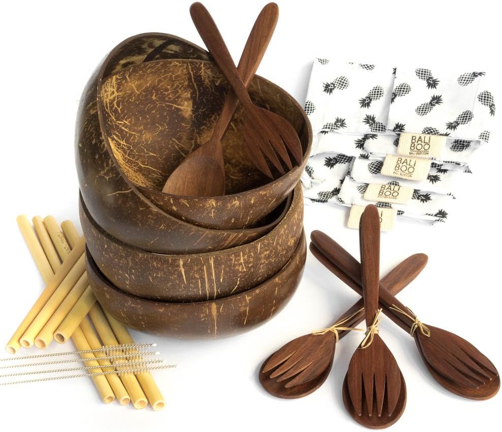 Coconut Bowl Set of 4 by Bali Boo - Handmade Bamboo Basket - Bonus Cutlery Set for 4 & 8 Bamboo Straws - Eco Friendly Zero Waste Serving Bowls - Breakfast Smoothie - Toddler and Vegan Gifts from Bali