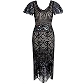 Vijiv Women's 1920s Flapper Dress with Sleeves V Neck Beaded Mermaid Art Deco Cocktail Dresses