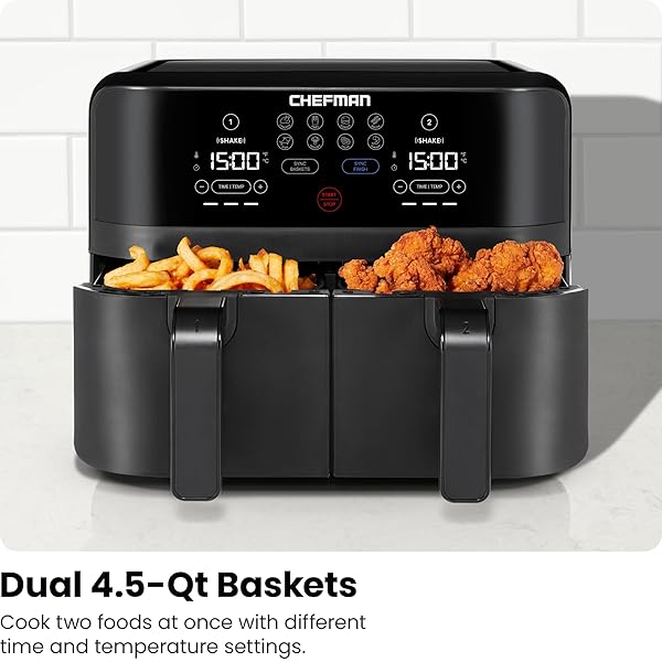 CHEFMAN TURBOFRY TOUCH DUAL AIR FRYER, MAXIMIZE THE HEALTHIEST MEALS WITH DOUBLE BASKET CAPACITY, ONE-TOUCH DIGITAL CONTROLS AND SHAKE REMINDER FOR THE PERFECT CRISPY AND LOW-CALORIE FINISH