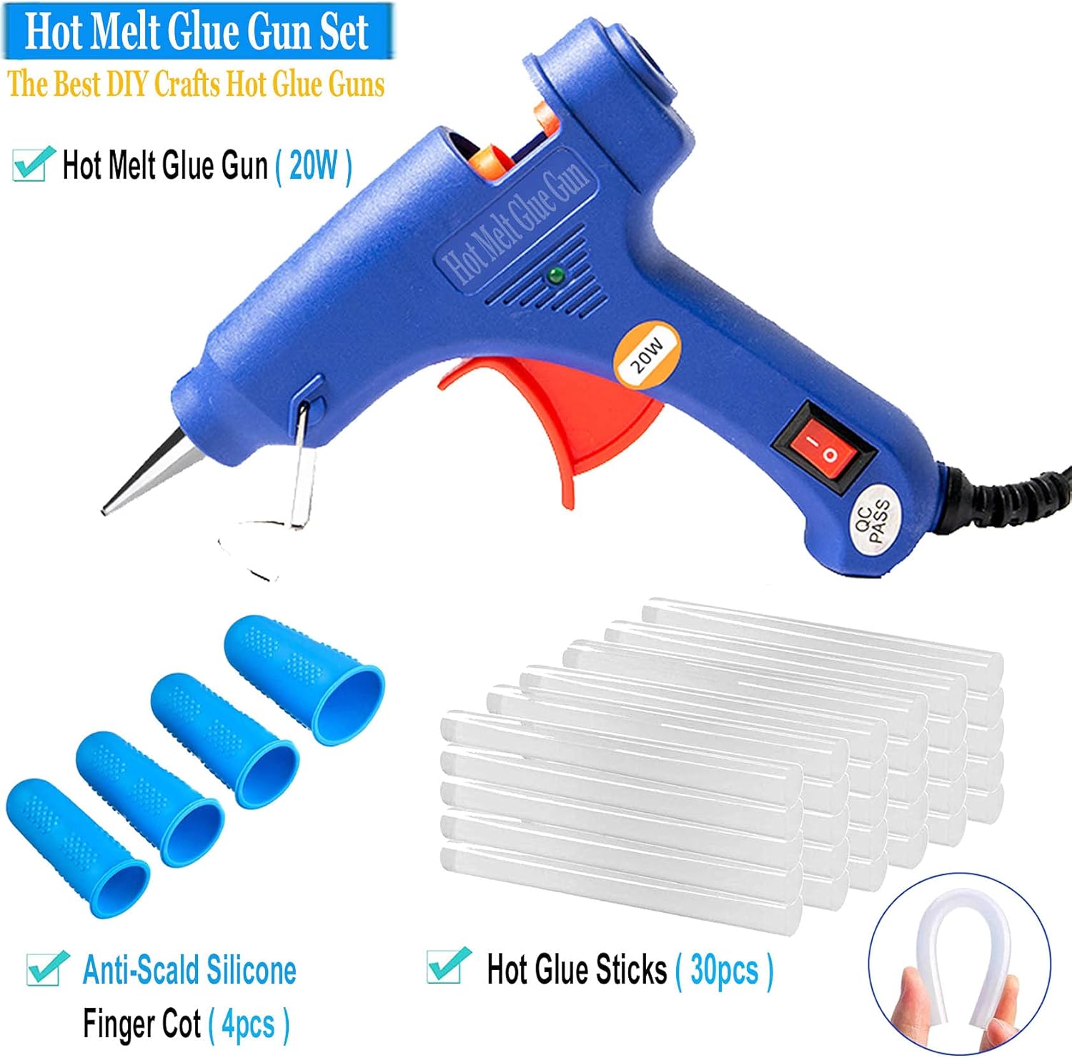 DuoAndDuo Hot Glue Gun kit 20W with 30pcs Mini Hot Glue Sticks for Glue Gun, Hot Melt High Temp Industrial Glue Gun, Glue Guns with 4pcs Anti-Scald Silicone Finger Cot, DIY Crafts Hot Glue Guns (Blue)