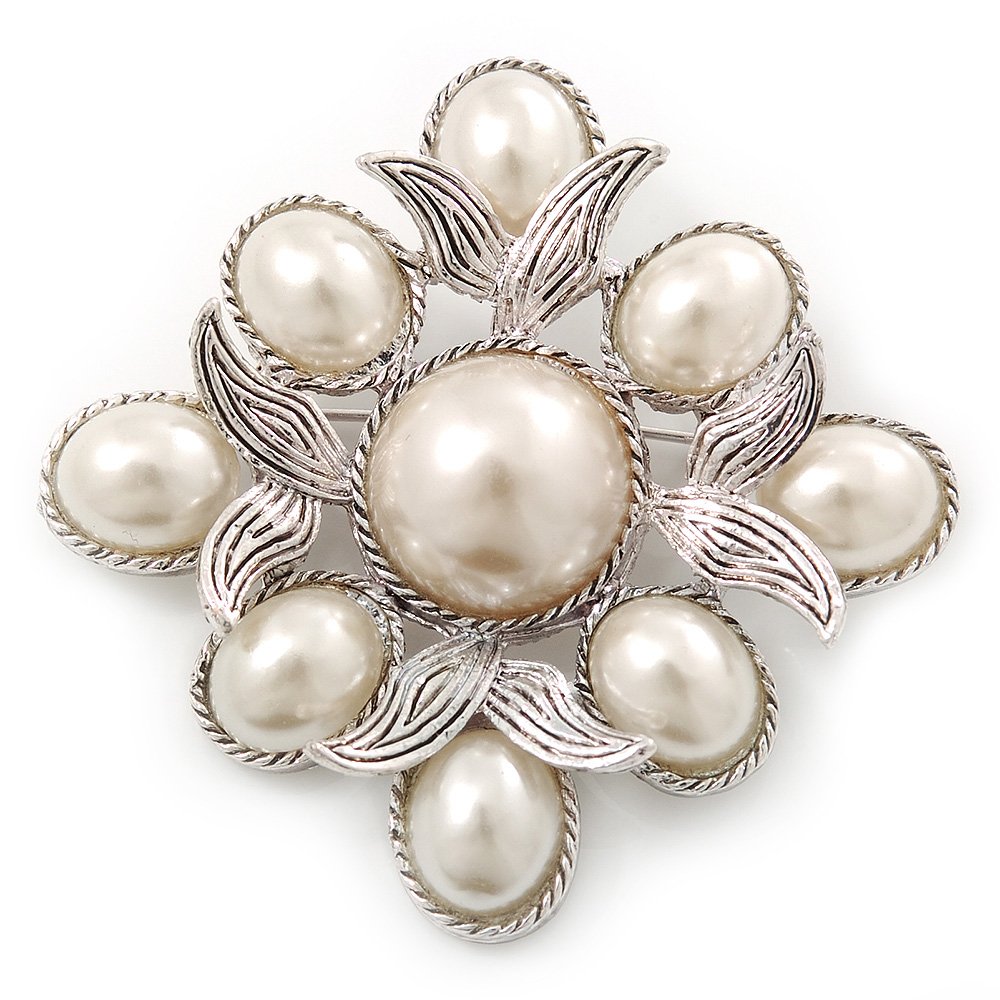 Vintage Inspired White Simulated Pearl Square Brooch In Silver Plating - 45mm Across