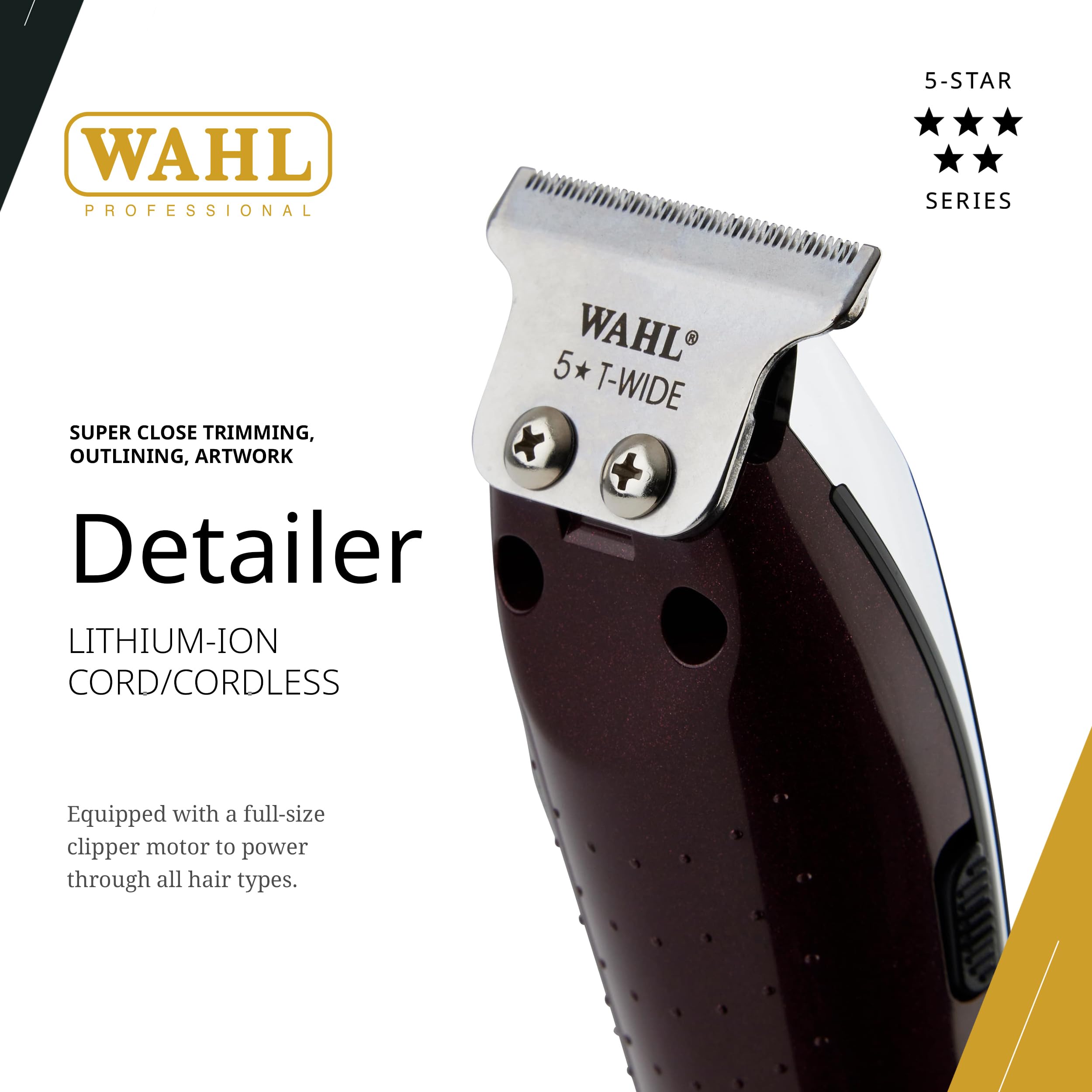 Wahl Professional Cordless Detailer Li Trimmer T Wide Blade, Lithium-Ion Battery 100 Min Runtime for Hair & Beard, with Charging Stand