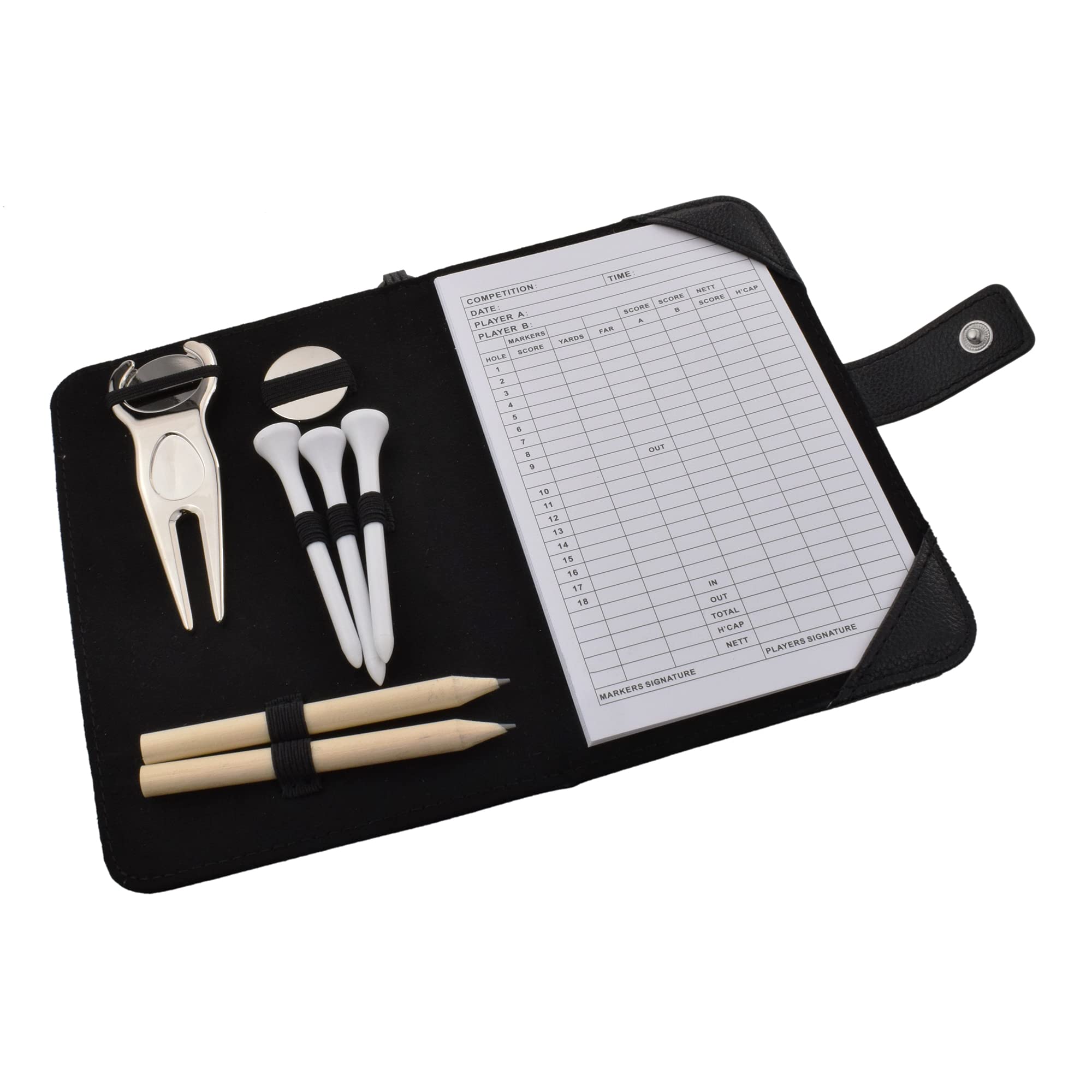Black Leatherette Golf Organiser with Divot Repairer with Marker and Extra Marker, Tees, Scorecard and Pencils