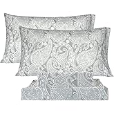KACEMOO Bed Sheets Queen Size Light Gray Paisley Sheets Printed Floral Sheet Set Flower Pattern Deep Pocket Fitted Bed Sheet Set Microfiber Soft Breathable 1800 Thread Count Double Bedding Set