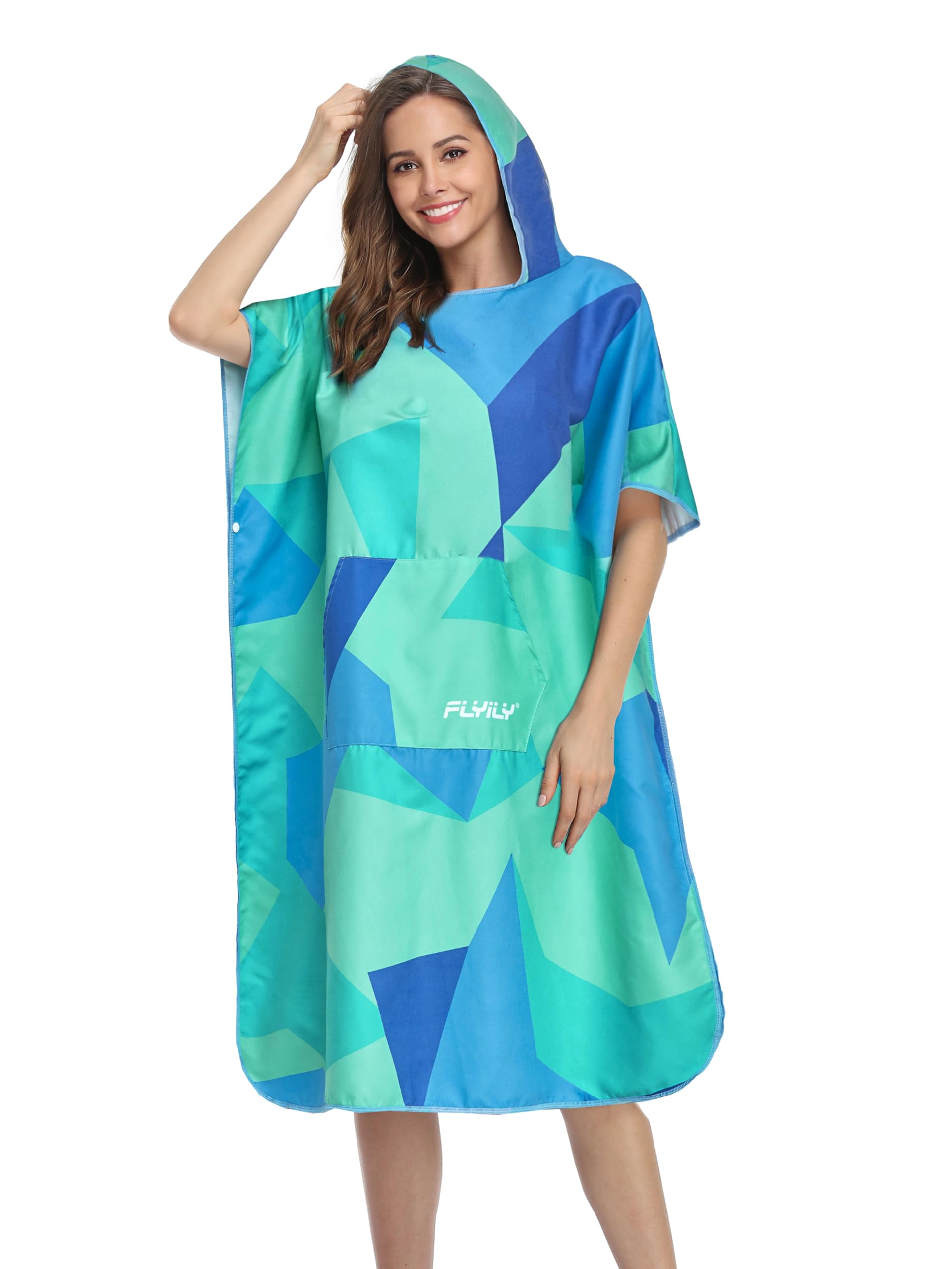 FLYILY Changing Towel Poncho Hooded light weight Microfiber surf wetsuit changing with pocket, Adults/Kids beach swimming changing towel (GreenGeometry, Large(Fit for Adult))