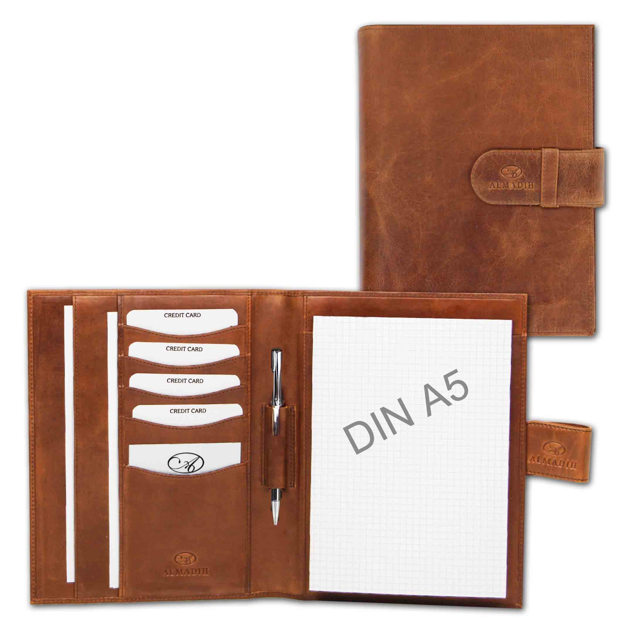 ALMADIH Leather A5 Writing Case Premium Cow Leather brown deluxe – Writing Pad Personal Organizer Conference Folder System Planner Portfolio Folio Workbook Datebook Schedule Diary Organiser Sleeve
