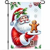 BlissYard Christmas Garden Flag 12x18 Inch Welcome Gingerbread Santa with Cookies Outdoor Flag Double Sided Christmas Yard Banner with Holly Snowflakes and Red Decorations for Porch Lawn Patio