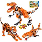 CAXIMSY Creator 3 in 1 Animal Building Block Set 1030 Pcs Transformable Dinosaur Tiger &amp; Shark Model Kit for Adults and Teens Wildlife Figure Desktop Decor Display Gift
