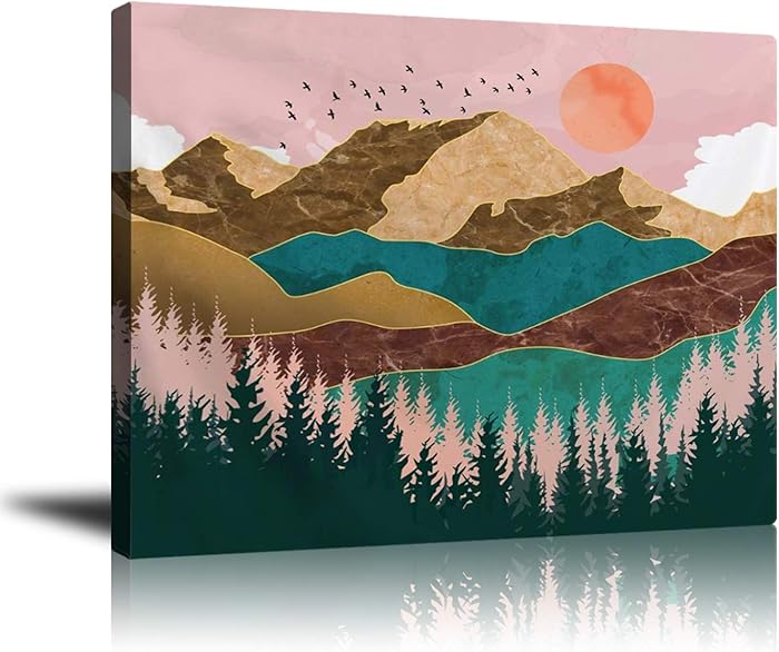 Abstract Wall Art Mountain Canvas Prints, Nature Landscape Sunset Painting Framed Picture, Home Decor for Hall Living Room Bedroom Bathroom (16"x 20")
