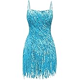 Winaiwi Sparkly Sequin Homecoming Dresses Spaghetti Straps Tight Short Cocktail Party Dress with Tassels for Teens