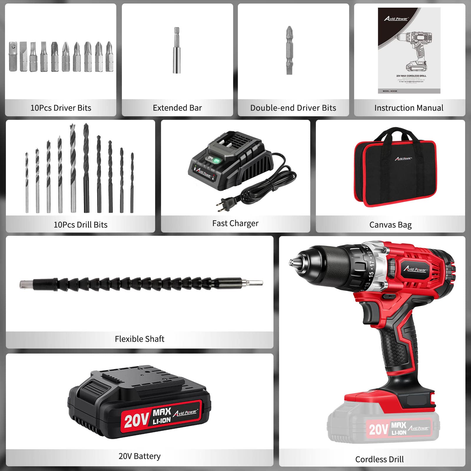 AVID POWER Drill Set Cordless 20V Electric Drill with Battery and Fast Charger, Variable Speed, 23+1 Torque Setting, 23pcs Accessories, Hand Driver with 1/2-Inch Metal Keyless Chuck