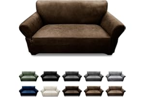 Pfrstuv Loveseat Sofa Slipcover Leather Look Couch Covers for 2 Seater Couch Sofa 1-Piece Sofa Cover Stretch Furniture Protector with Elastic Bottom & Pockets(Loveseat, Dark Brown)