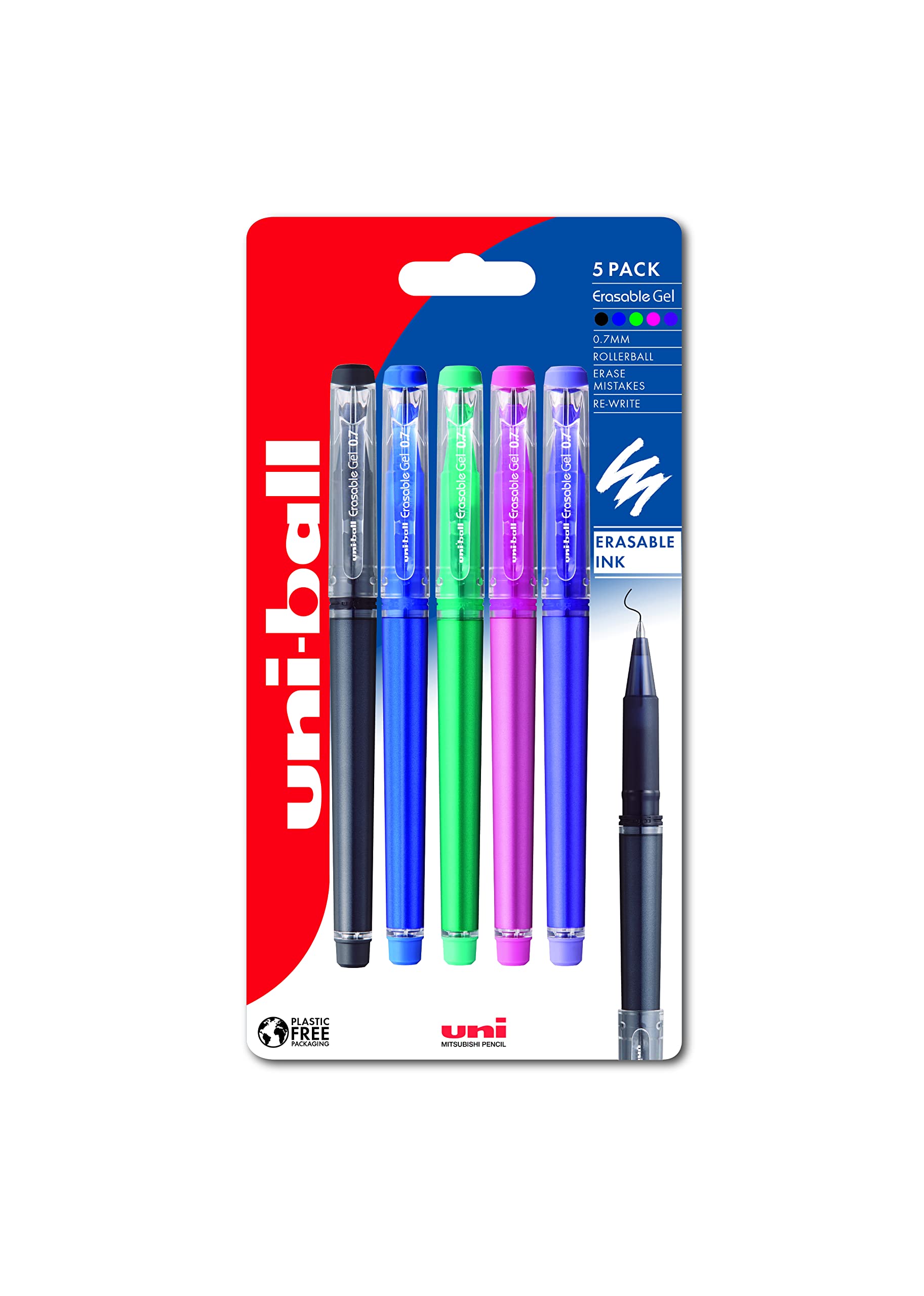 uni-ball UF-222-07 Erasable Rollerball Gel Pens. Premium 0.7mm Ballpoint Tip for Super Smooth Writing, Drawing & Colouring. Capped Eraser for Secure and Stable Rubbing Out. Pack of 5