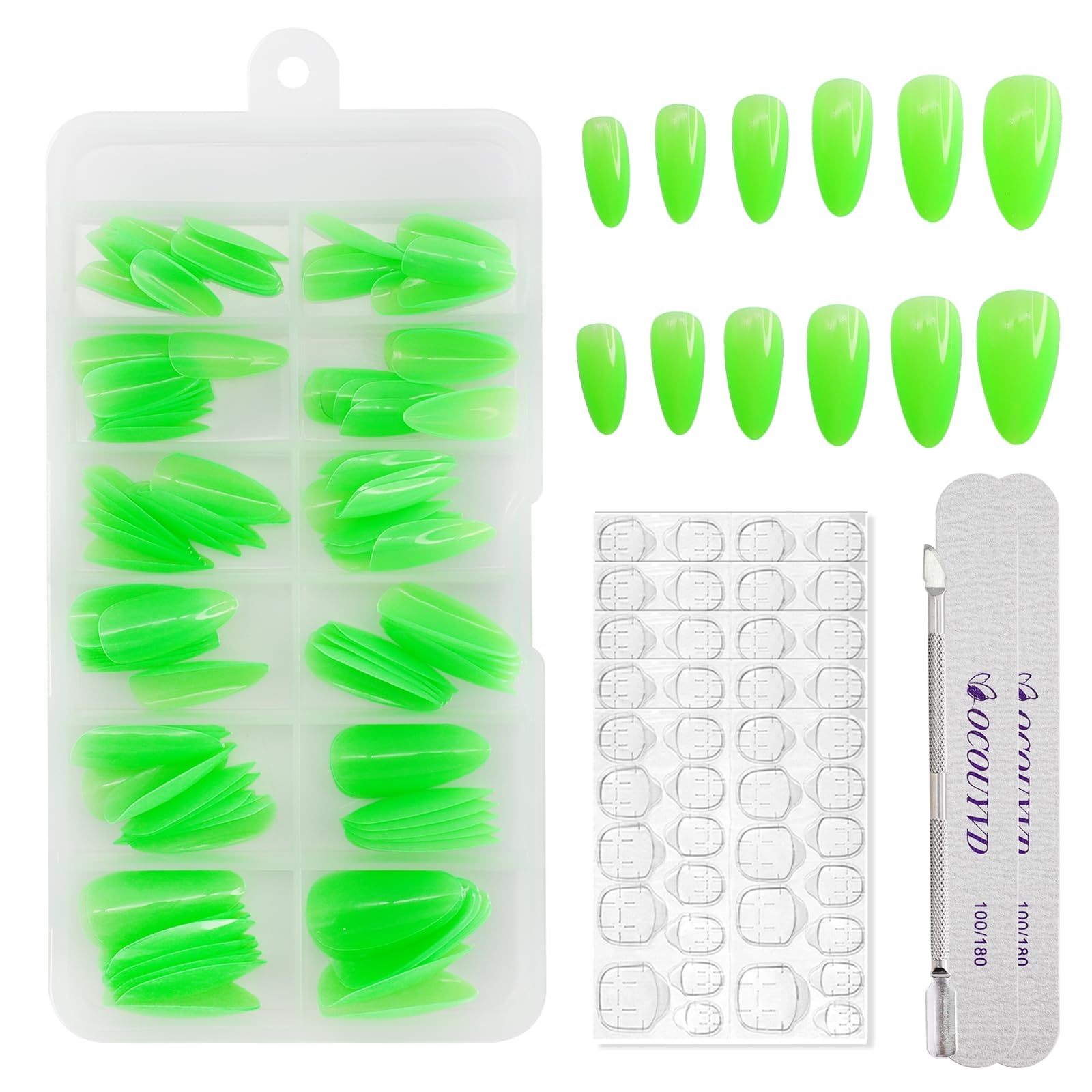 Photo 1 of 120 Pcs Glow in The Dark Press on Nails Artificial Kit Solid Color Fake Nails with Fluorescent Designs Medium Almond Shape Green Matte Glue on Nails Medium Length Gloss Stick on Nails for Women Girls