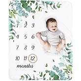 Baby Monthly Milestone Blanket Boy - Neutral Leaf Newborn Month Blanket for Boy & Girl Personalized Shower Gift Soft Plush Fleece Photography Background Prop with Wooden Wreath Large 51''x40''