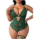 SOLY HUX Women's Plus Size Lace Lingerie Set Deep V Neck Teddy Bodysuit Babydoll Nightwear with Leg Ring