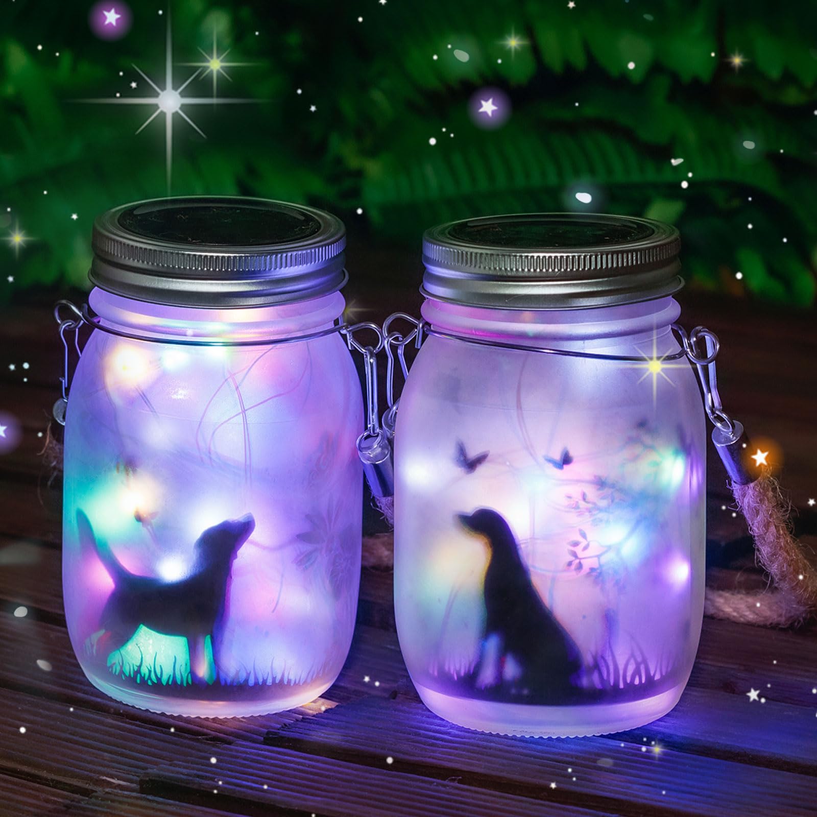 MLOQI 2 Pack Solar Hanging Lanterns Outdoor Dog Silhouette,Solar Garden Lanterns Fairy Garden Ornaments Outdoor Mason Jar Lights