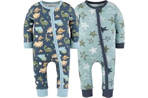 The Peanutshell 2-Pack Sleep and Play Baby Boy Clothes, Soft Cotton Footless Pajamas, Dino Star