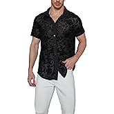 WDIRARA Men's Floral Sheer Mesh See Through Button Up Short Sleeve Collar Party Club Tops Shirt