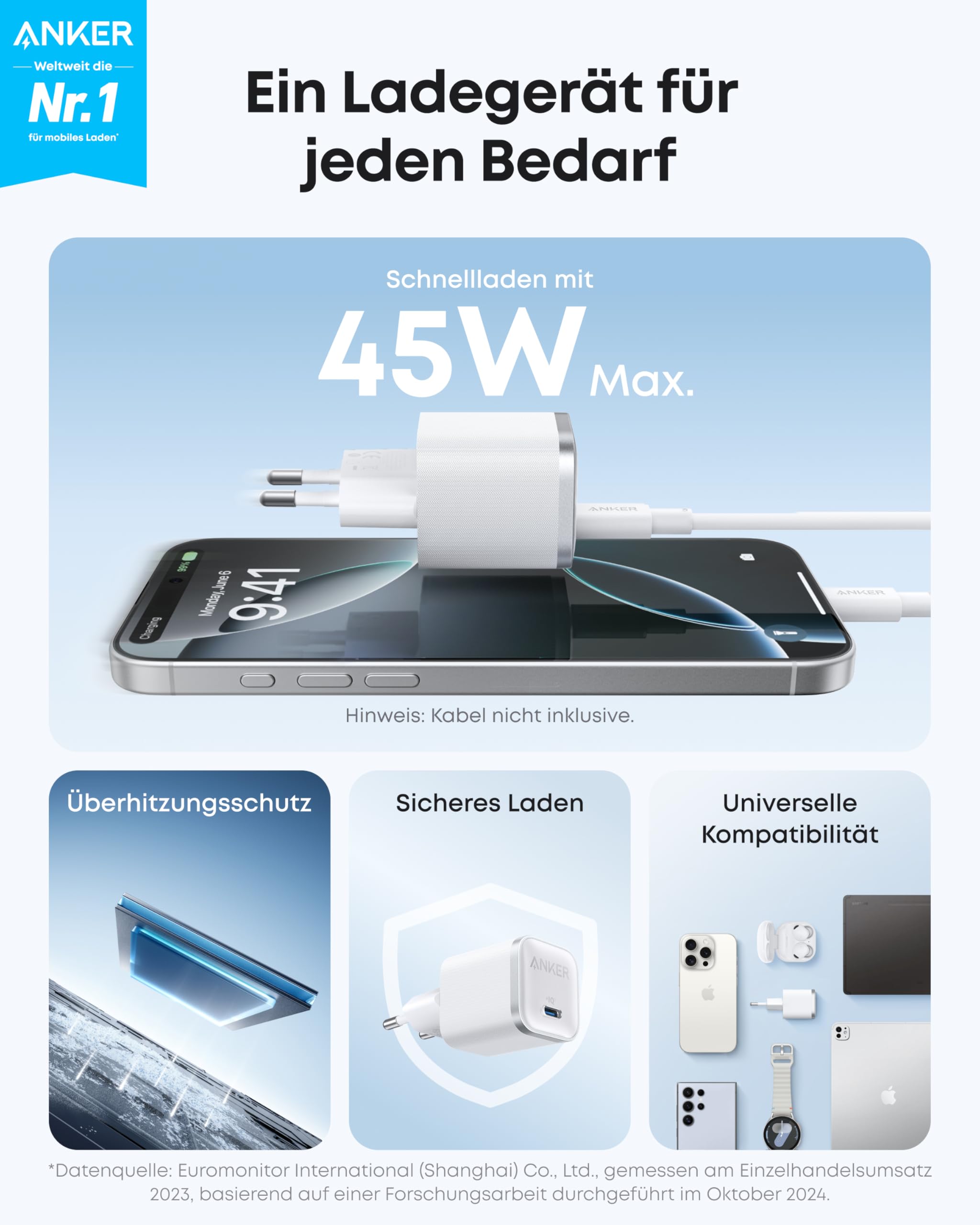 Anker Nano 45W USB C Ladegerät, kompakter Netzteil, Schnellladegerät für iPhone 17/Pro/Pro Max/iPhone Air/16/15, MacBook, Pixel 9, iPad, Samsung Galaxy S25 Ultra/S24 Serie (inkl. 1,8m Kabel) 2