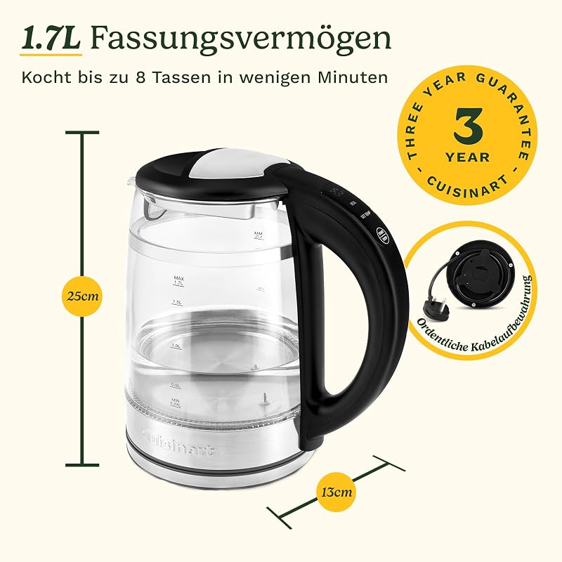 1,7L Glas-Wasserkocher mit variabler Temperaturregelung | 3KW Schnellkochfunktion | Cool-Touch | Doppelwandiges Design | BPA-frei | Tropffreier Ausguss | 360°-Drehbasis