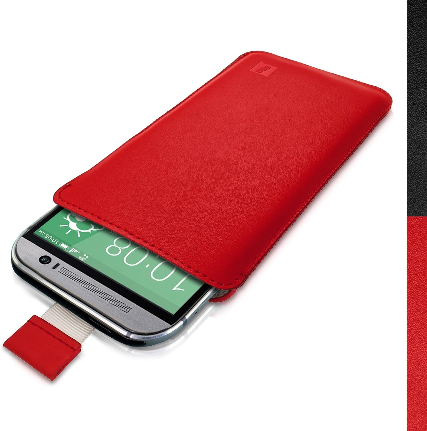 iGadgitz Premium Pouch Sleeve Red Leather Case Cover for HTC One M8 2014 & HTC One M9 2015 with Pull Tab
