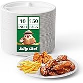 JOLLY CHEF Compostable 𝟯 Compartment Paper Plates 𝟭𝟬 𝗜𝗻𝗰𝗵 [𝟭𝟱𝟬 𝗣𝗮𝗰𝗸] Heavy Duty Divided Disposable Eco-Friendly Bagasse Biodegradable White Round Trays for Party Dinner Lunch Christmas