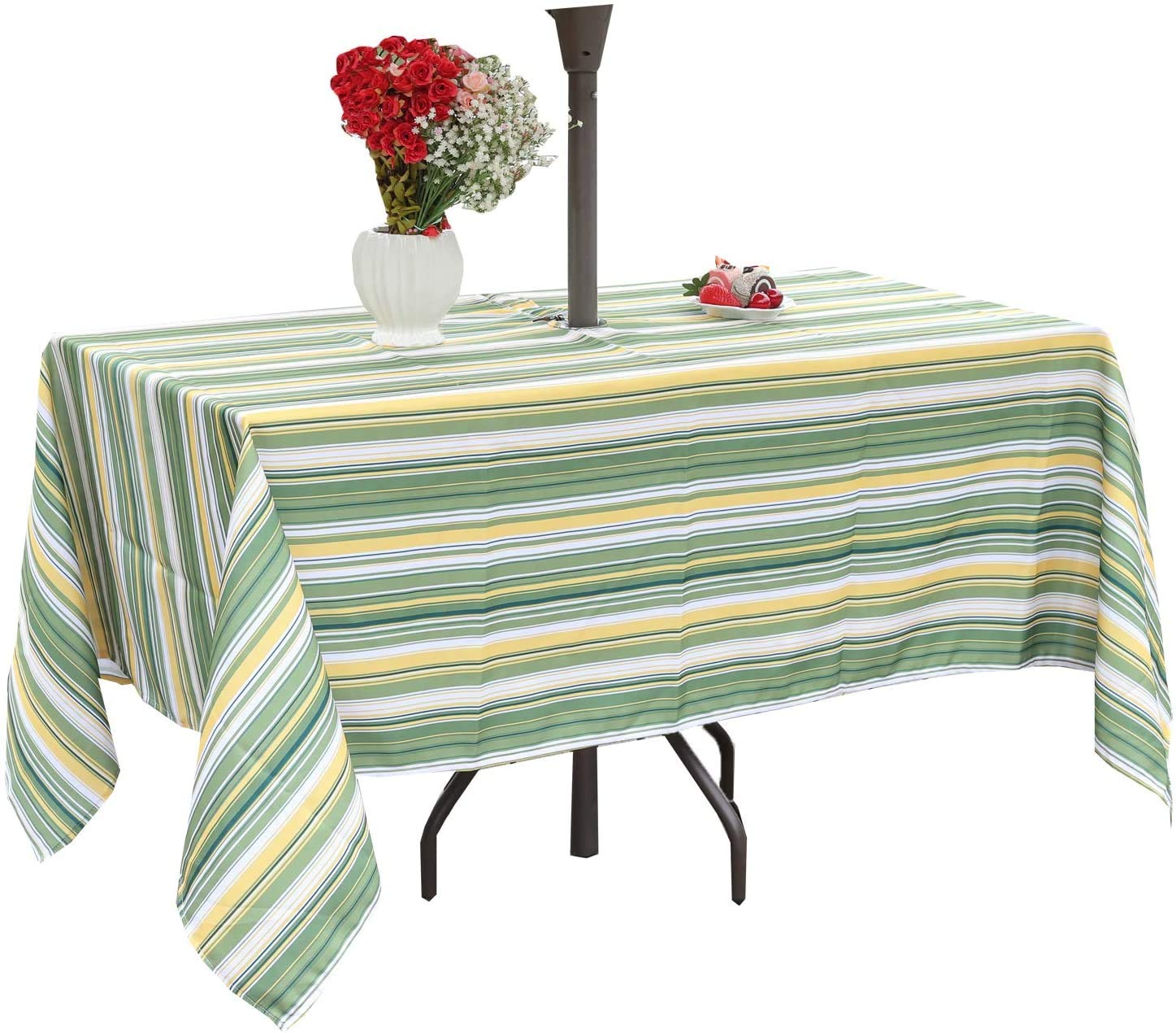 Eternal Beauty 152x213cm Recatngle Green & Yellow Stripe Indoor Outdoor Splashproof Tablecloth with Umbrella Hole and Zipper for Patio Garden Party and BBQ (60x84 Inch)