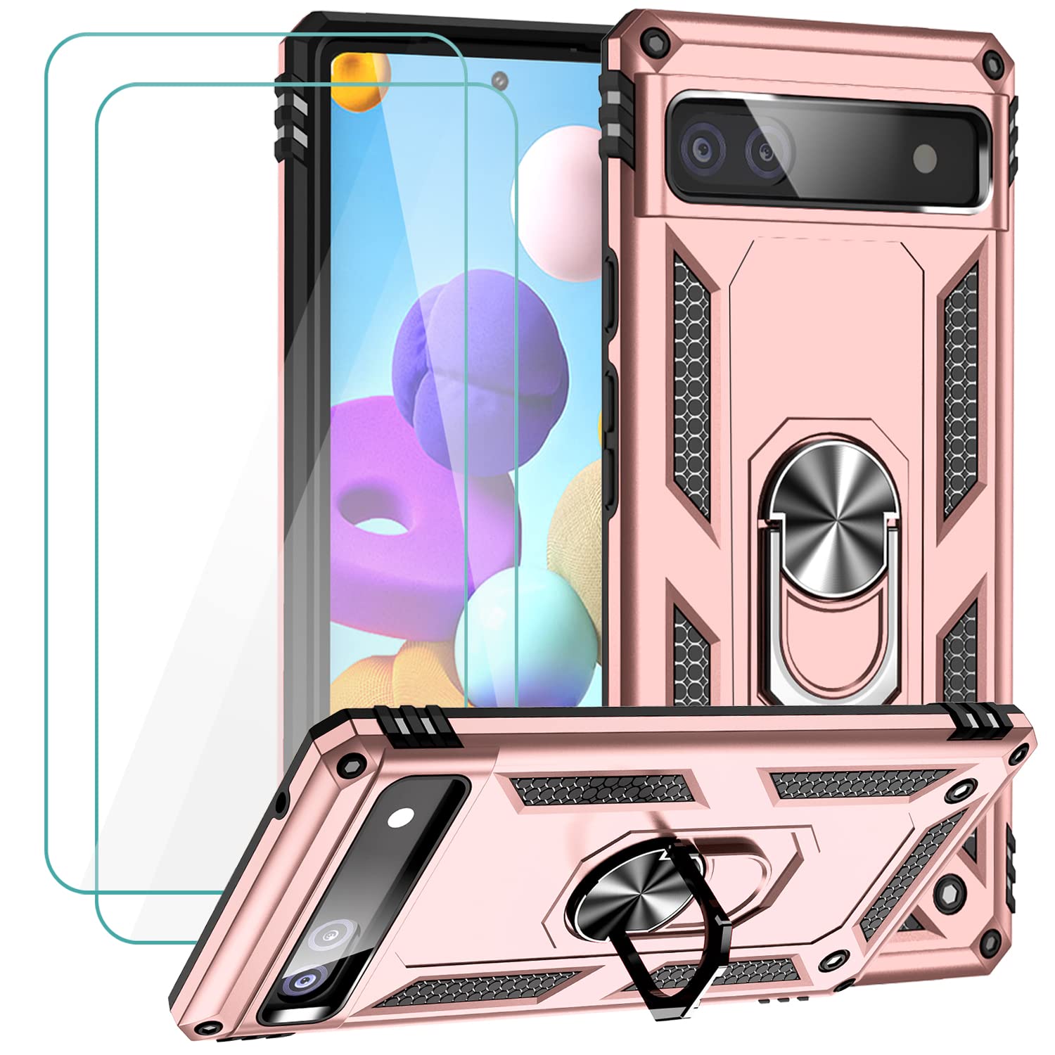Muntinfe for Google Pixel 6a Case with Tempered Glass Screen Protector [2 Pack], Military-Grade Armor Shockproof Protective Phone Cover with Ring Magnetic Kickstand for Pixel 6a, Rose Gold