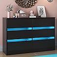 Gdvsclr 6 Drawer Double Dresser, Bedroom Dresser with LED Light, Wood Dresser for Nursery, Living Room, Hallway, Handless Design, 47.2''W×15.7''D×30.2''H (Black)