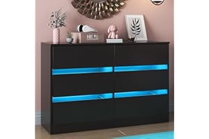 Gdvsclr 6 Drawer Double Dresser, Bedroom Dresser with LED Light, Wood Dresser for Nursery, Living Room, Hallway, Handless Design, 47.2''W×15.7''D×30.2''H (Black)