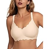 COMFELIE Seamless Wireless T-Shirt Bra for Women No Underwire Full Coverage Deep V Neck with U-Shaped Back Lace Trim