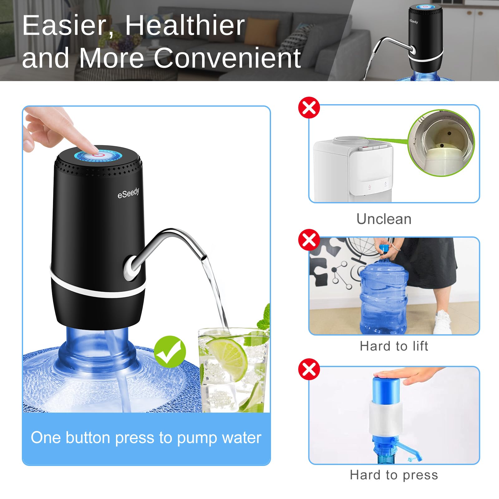 Water Pump for 5 Gallon Bottle, USB Charging Automatic Water Dispenser with Rechargeable Battery, Portable Electric Drinking Water Jug Pump for Home, Kitchen, Living Room, Office, Camping - Black