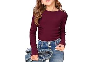 Haloumoning Girls Long Sleeve Shirts Crewneck Ruched Side Slim Fit Tops Ribbed Knit Casual Tee Shirt 4-15 Years
