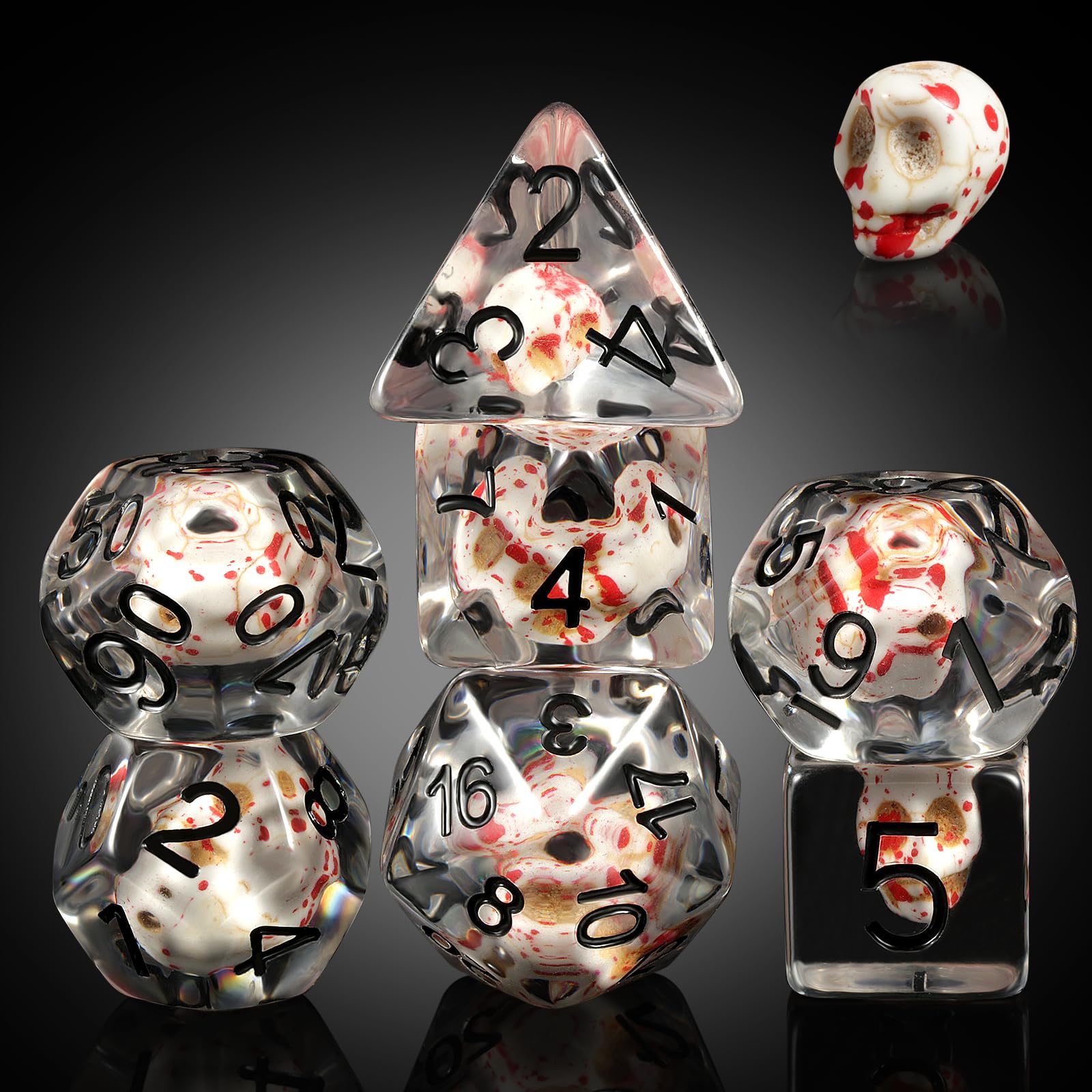 Blood Spot Skull D&D Dice, DNDND Skull Resin Dice Set with Velvet Pouch for Dungeons and Dragons DND Role Playing Games and Tabletop Games (Blood Spot Skull) — image 1