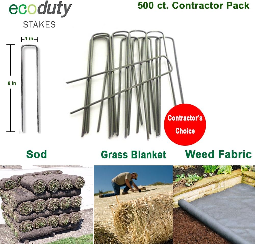 Ecoduty Contractor Grade Solid Steel 6 inch 11-Gauge Sod Staples for Landscape Fabric, Weed Barrier, Seed Blanket, drip line, Landscape Lighting Contractor's Choice, Garden Staples (500 Pack)