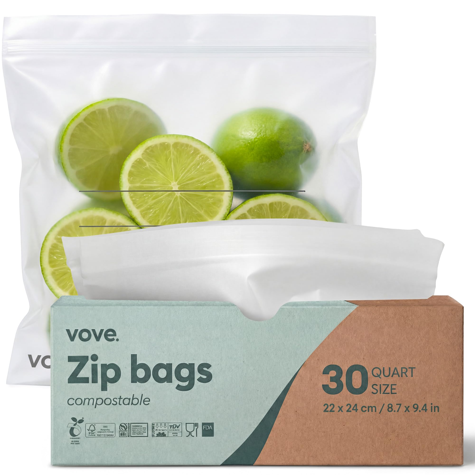 Vove Compostable 1 Litre Resealable Food Bags, 30 Pack – PFAS-Free, BPI Certified, Freezer-Safe with Airtight Seal for Leftovers & Meal Prep, Plant-Based