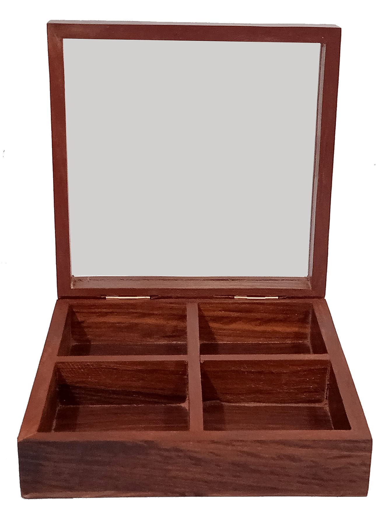 Purpledip Wooden Box: 4 Compartment Case with Transparent Cover - Ideal for Spices, Jewelry, or Trinkets (12336)