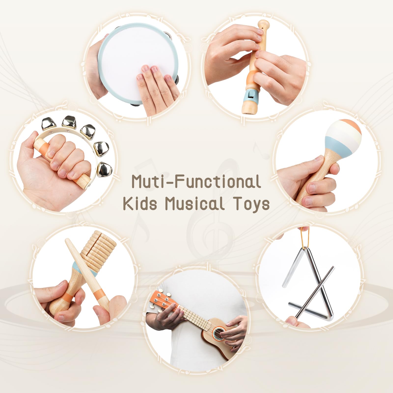 Kids Guitar Set - Toys for 2 3 Year Old Boy & Girls Birthday Gifts, 7 in 1 Montessori Musical Instruments for Toddlers 2-4, Musical Band Sets with Ukulele/Flute/Tambourine/Maracas Toys for Kids 3-5