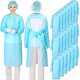 TrelaCo 20 Pack Disposable Isolation Gowns PPE Gowns Set with Sleeves Thumb Loops Waist Ties 46 Inch Large Waterproof CPE Odorless Disposable Gown for Home Isolation, Lab, Dental, Beauty (Blue)