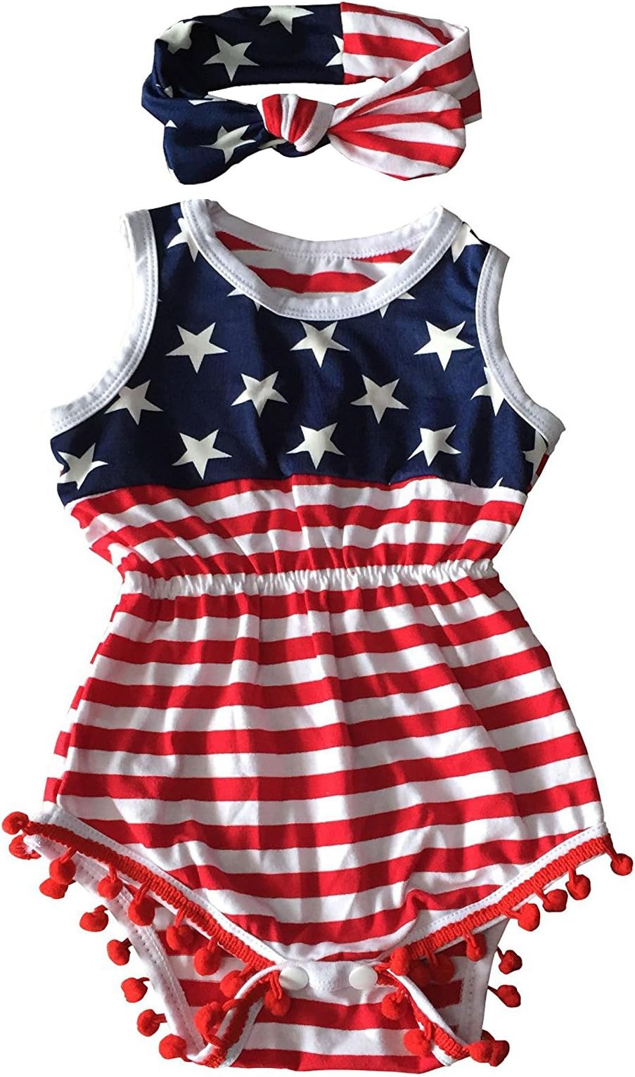 AMOUR TIME 4th of July Romper Toddler Baby Girls American Flag Tassel Outfits with Headband