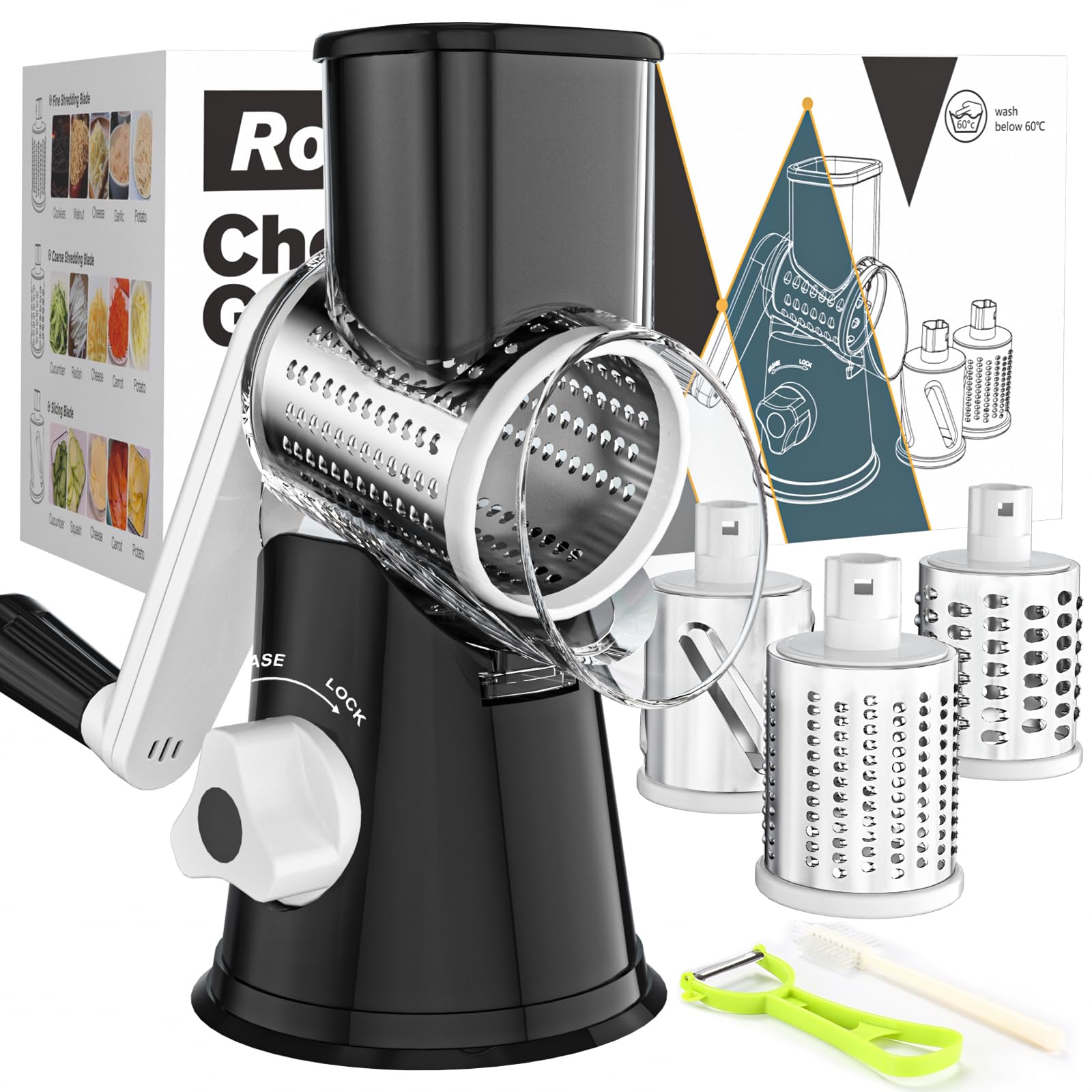 Photo 1 of Ourokhome Rotary Cheese Grater Hand Crank, Kitchen Shredder Speed Mandolin Slicer Nuts Grinder with Handle and Drum Blades for Cheese, Vegetable, Walnut, Chocolate, Potato, Carrot, 3 Blades, Black
