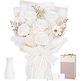 Preserved Bouquet of Flowers - 5 Roses & Flowers for Delivery, Real White Forever Flower, Eternal Roses Bouquet, Anniversary Birthday Valentine Gifts for Women Men Mom Grandma Her Wife Girlfriend
