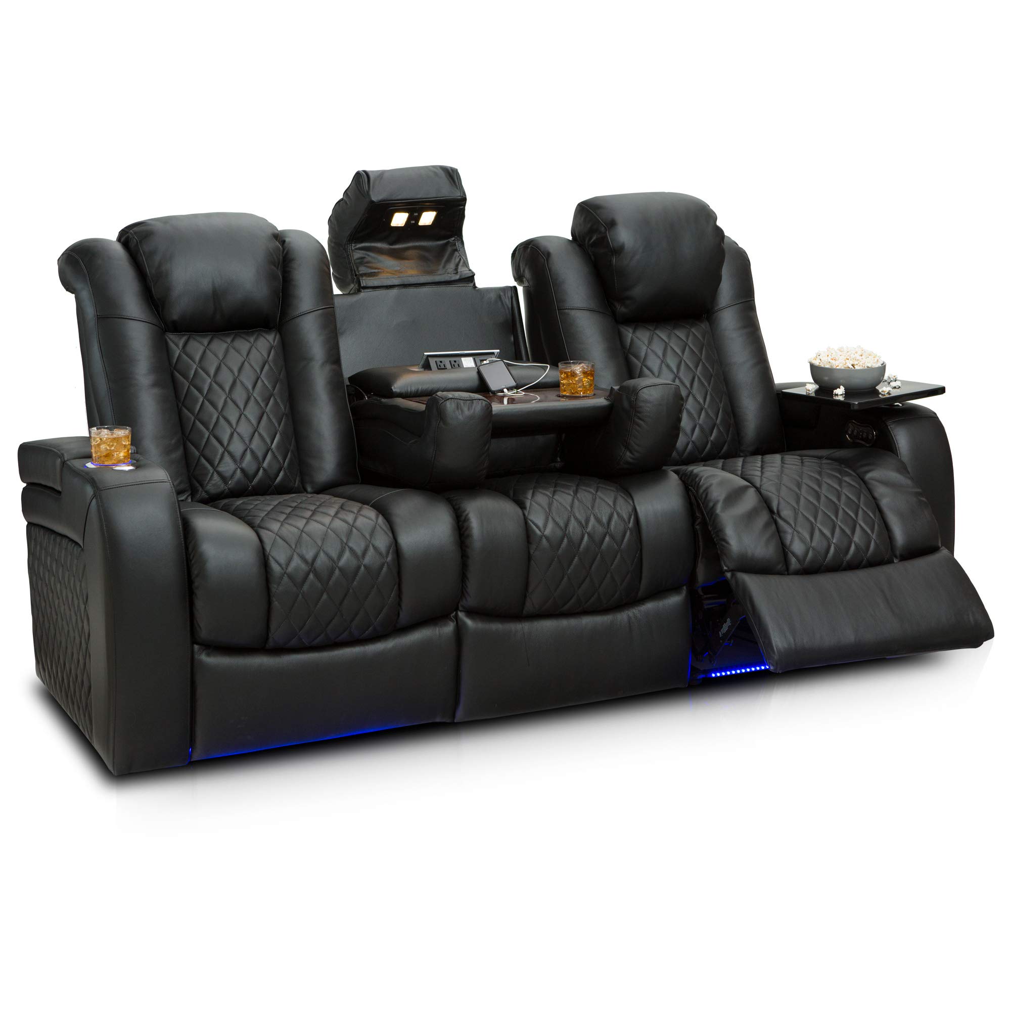 Ashley Furniture Anthem Home Theater Seating Leather Multimedia Power Recline Sofa with Fold-Down Table, Adjustable Powered Headrests, Storage, AC/USB and Wireless Charging and Cup Holders, Black